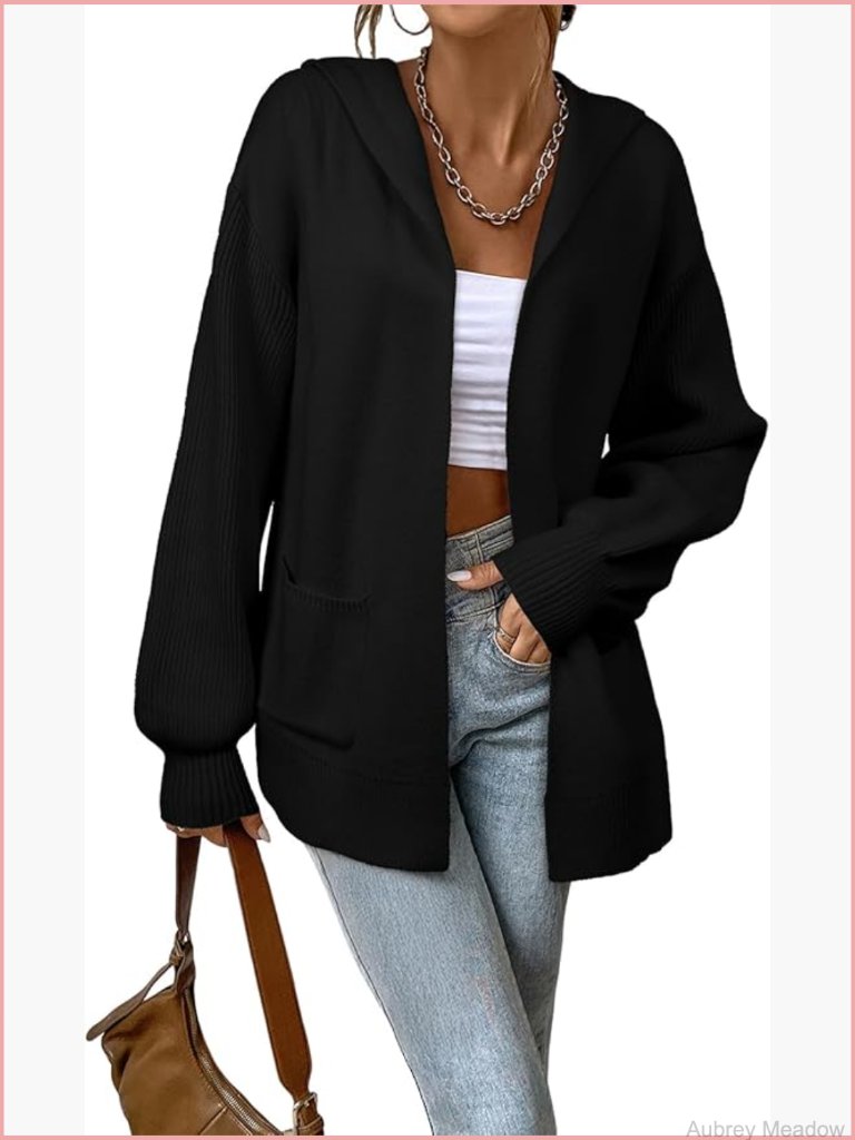 Women Hooded Cardigan Sweater Chunky Open Front Pockets Oversized Ribbed Knit